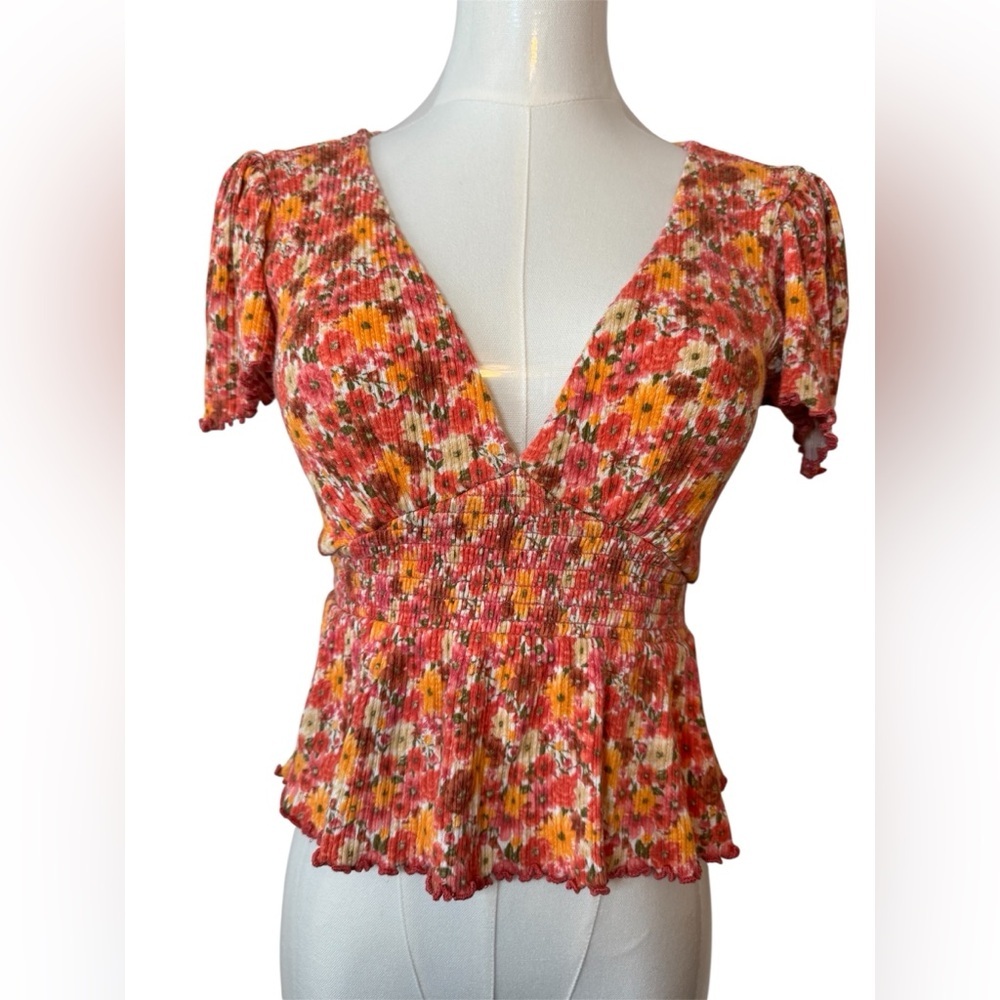 Forever 21 Red Floral Smocked Blouse
